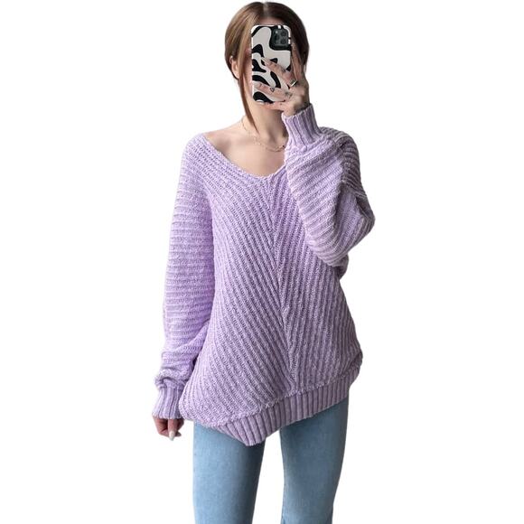Free People Oversized Sweater Sunset V Neck Ribbed Pullover Lavender Purple Sz S - Picture 5 of 13